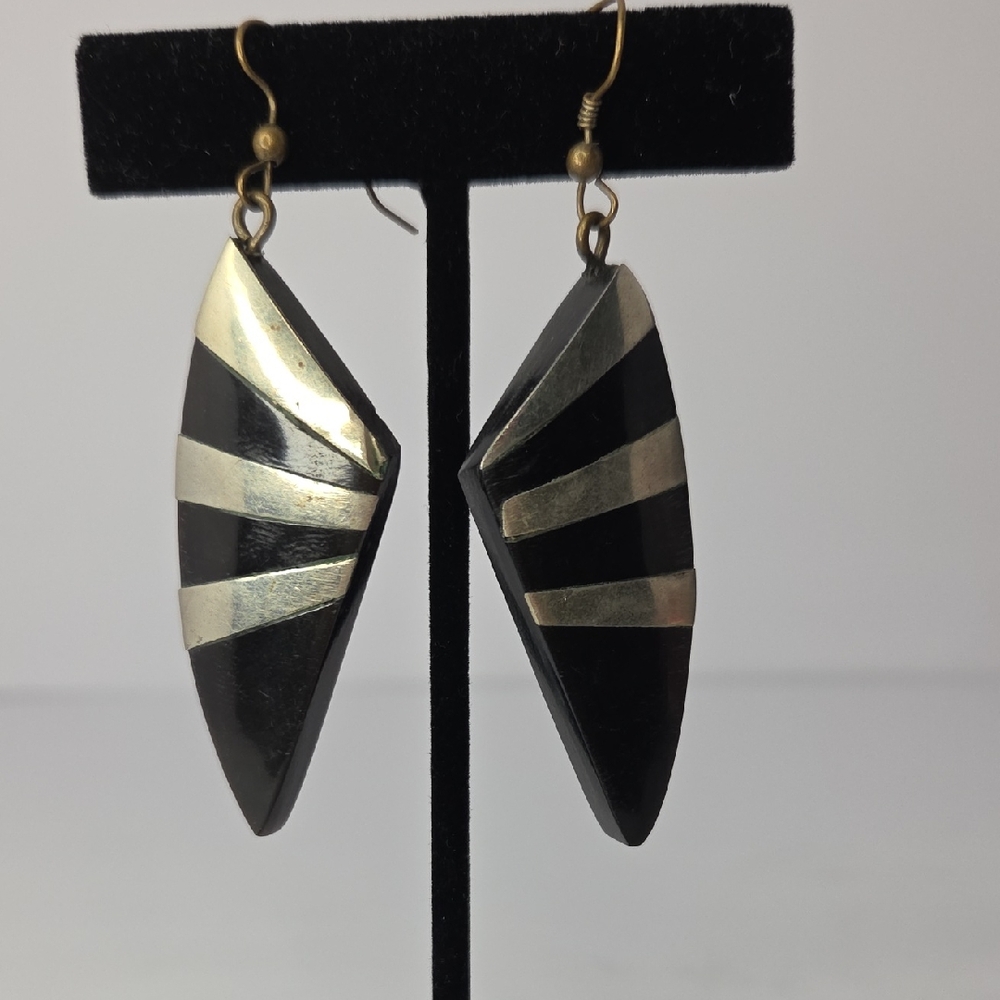 Vintage Simulated Horn Brown Silver Inlay Dangle Hook Brass Earrings See Comment